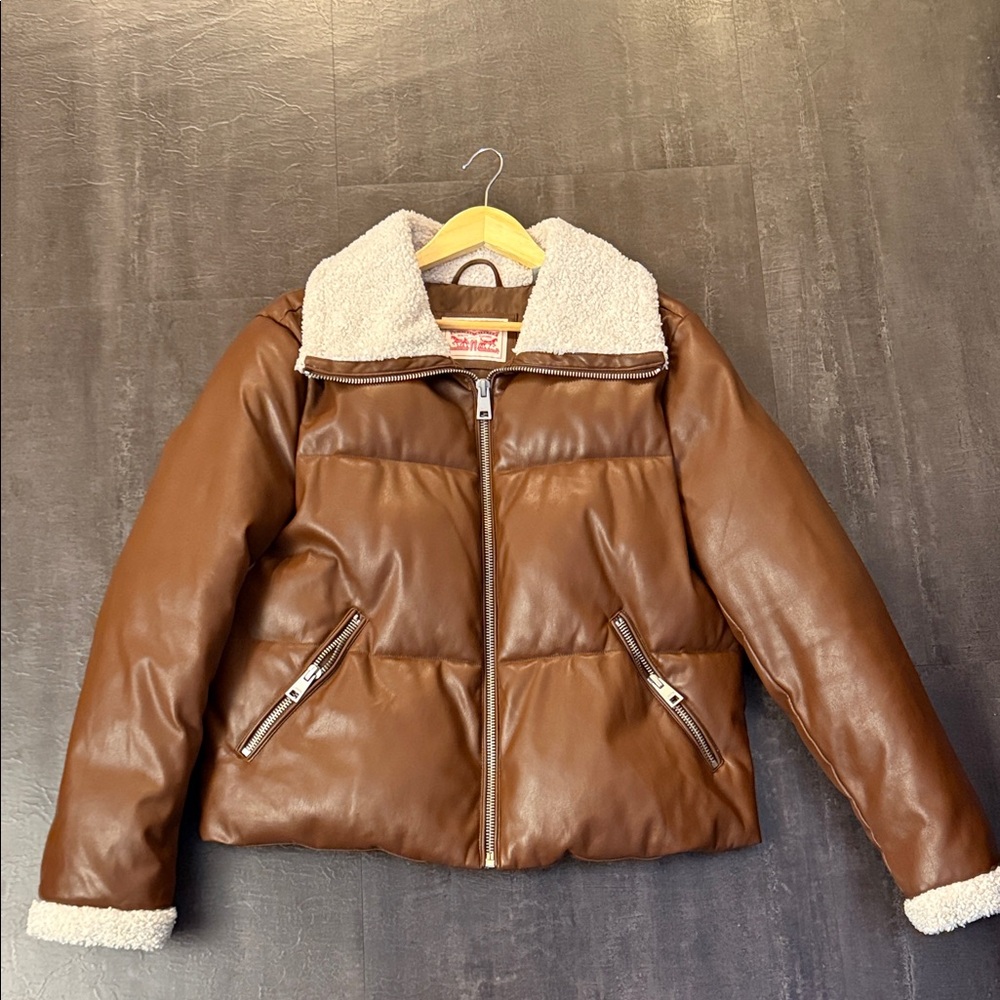 Levi Strauss Brown Faux Leather Puffer Jacket with Shearling Collar